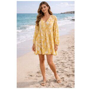 H&M Yellow and White Printed V-Neck boho mini dress  - S